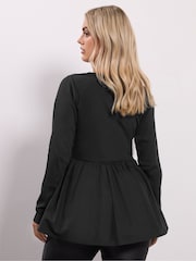 Yours Curve Black Long Sleeve Ribbed Mixed Peplum Top - Image 3 of 5