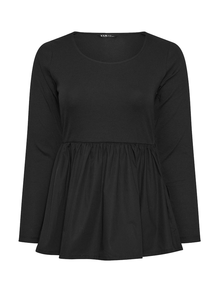 Yours Curve Black Long Sleeve Ribbed Mixed Peplum Top - Image 5 of 5