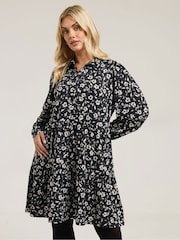 Yours Curve Black Tiered Crepe Shirt Dress - Image 1 of 5