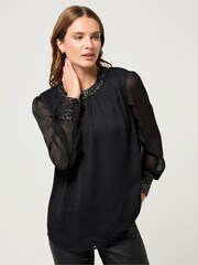 M&Co Black Sequin Trim Long Sleeve Blouse - Image 1 of 5