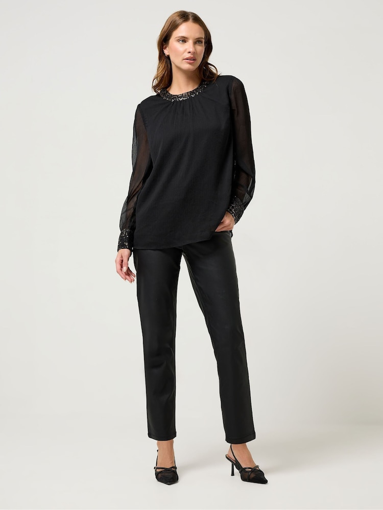 M&Co Black Sequin Trim Long Sleeve Blouse - Image 2 of 5