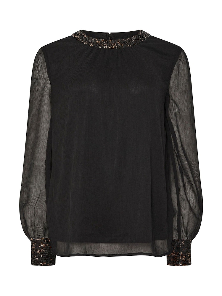 M&Co Black Sequin Trim Long Sleeve Blouse - Image 5 of 5