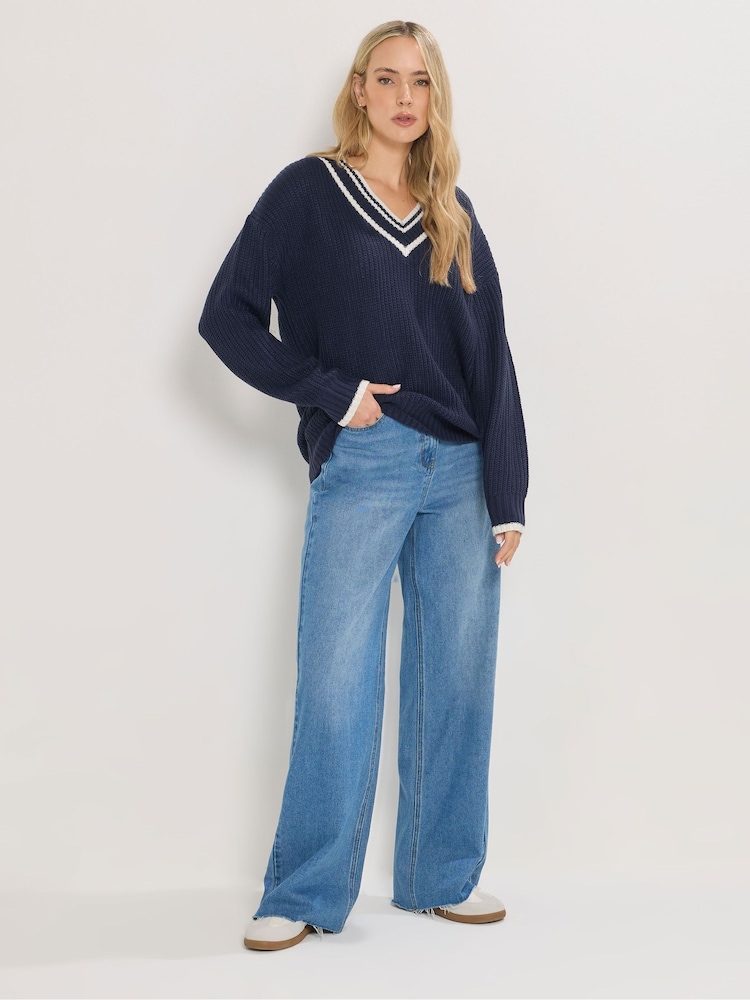 Long Tall Sally Blue Striped Trim V-Neck Jumper - Image 2 of 6 Long Tall Sally Blue Striped Trim V-Neck Jumper - Image 2 of 6