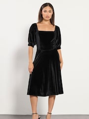 PixieGirl Petite Black Velour Fit And Flare Dress - Image 1 of 5