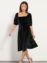 PixieGirl Petite Black Velour Fit And Flare Dress - Image 2 of 5