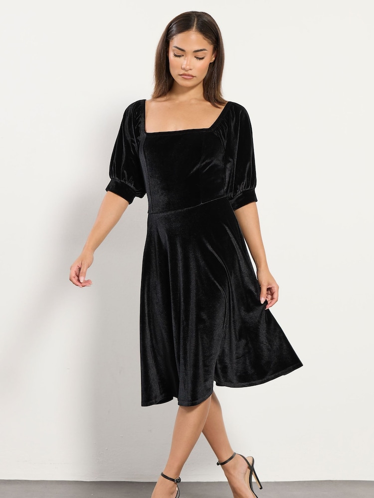 PixieGirl Petite Black Velour Fit And Flare Dress - Image 2 of 5