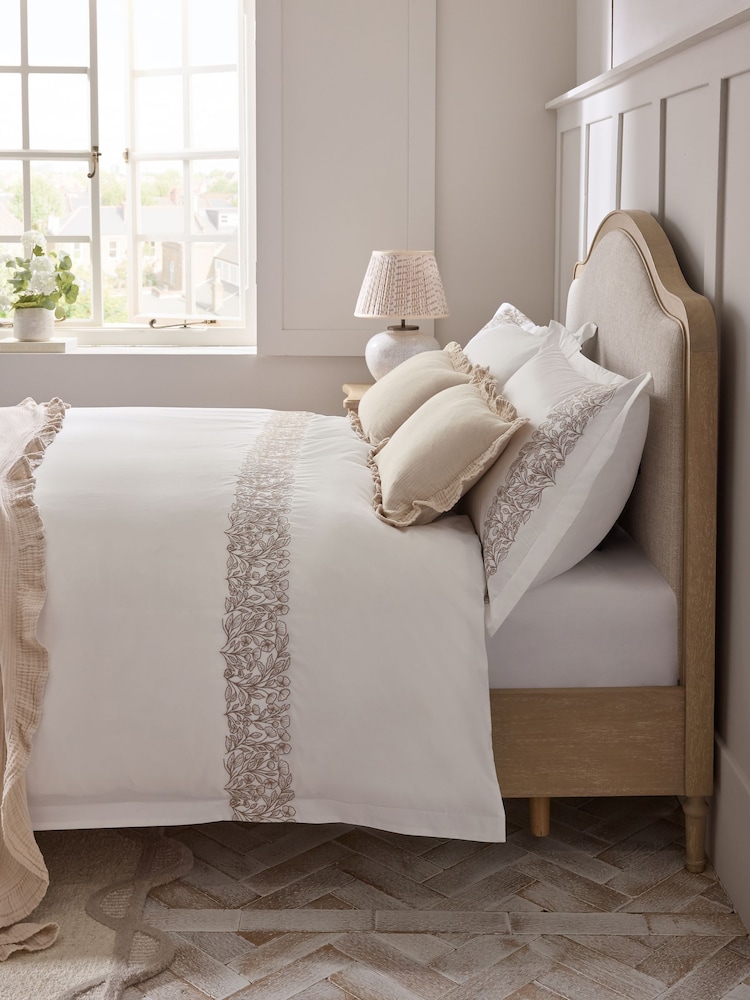 White 200TC Cotton Percale Embroidered Floral Duvet Cover and Pillowcase Set - Image 1 of 3 White 200TC Cotton Percale Embroidered Floral Duvet Cover and Pillowcase Set - Image 1 of 3