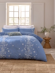 Blue 200TC Embroidered Stripe Floral Duvet Cover and Pillowcase Set - Image 1 of 3