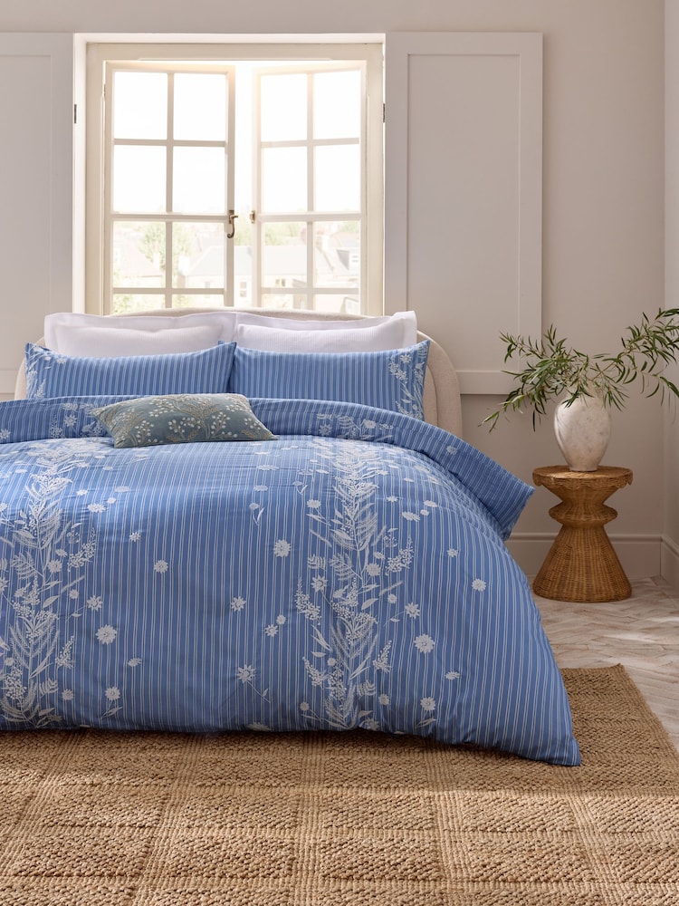 Blue 200TC Embroidered Stripe Floral Duvet Cover and Pillowcase Set - Image 1 of 3
