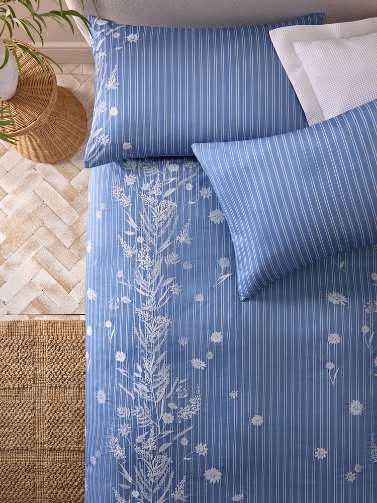 Blue 200TC Embroidered Stripe Floral Duvet Cover and Pillowcase Set - Image 2 of 3
