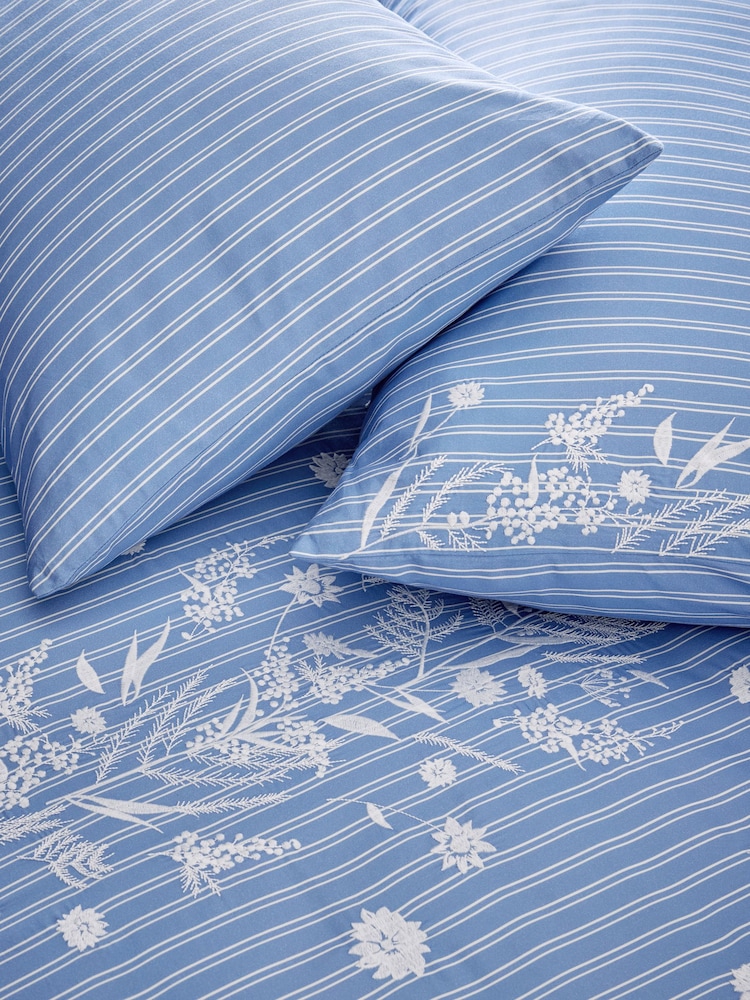 Blue 200TC Embroidered Stripe Floral Duvet Cover and Pillowcase Set - Image 3 of 3