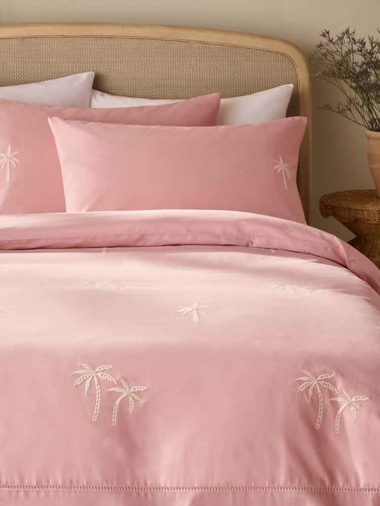 Pink Peachy Broderie Palm Trees Duvet Cover and Pillowcase Set - Image 1 of 5