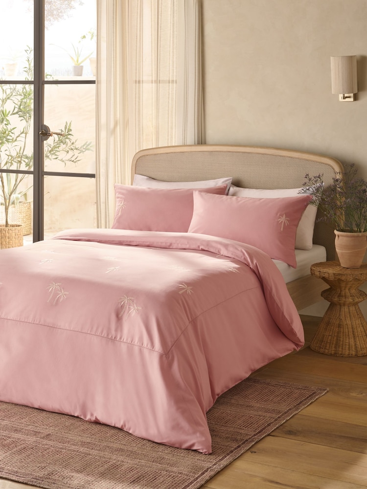 Pink Peachy Broderie Palm Trees Duvet Cover and Pillowcase Set - Image 2 of 5