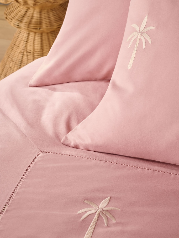 Pink Peachy Broderie Palm Trees Duvet Cover and Pillowcase Set - Image 5 of 5