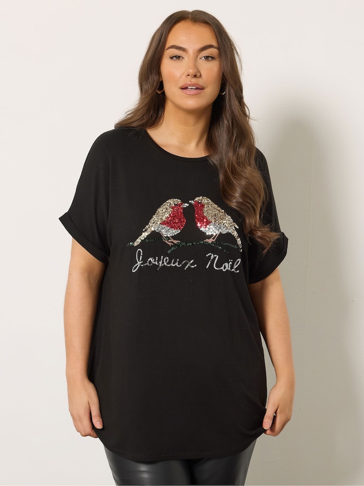 Evans Short Sleeve Christmas Robin Black T-Shirt - Image 1 of 5 Evans Short Sleeve Christmas Robin Black T-Shirt - Image 1 of 5