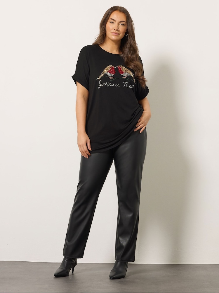 Evans Short Sleeve Christmas Robin Black T-Shirt - Image 2 of 5 Evans Short Sleeve Christmas Robin Black T-Shirt - Image 2 of 5