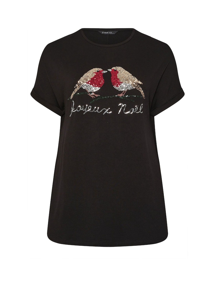 Evans Short Sleeve Christmas Robin Black T-Shirt - Image 5 of 5 Evans Short Sleeve Christmas Robin Black T-Shirt - Image 5 of 5
