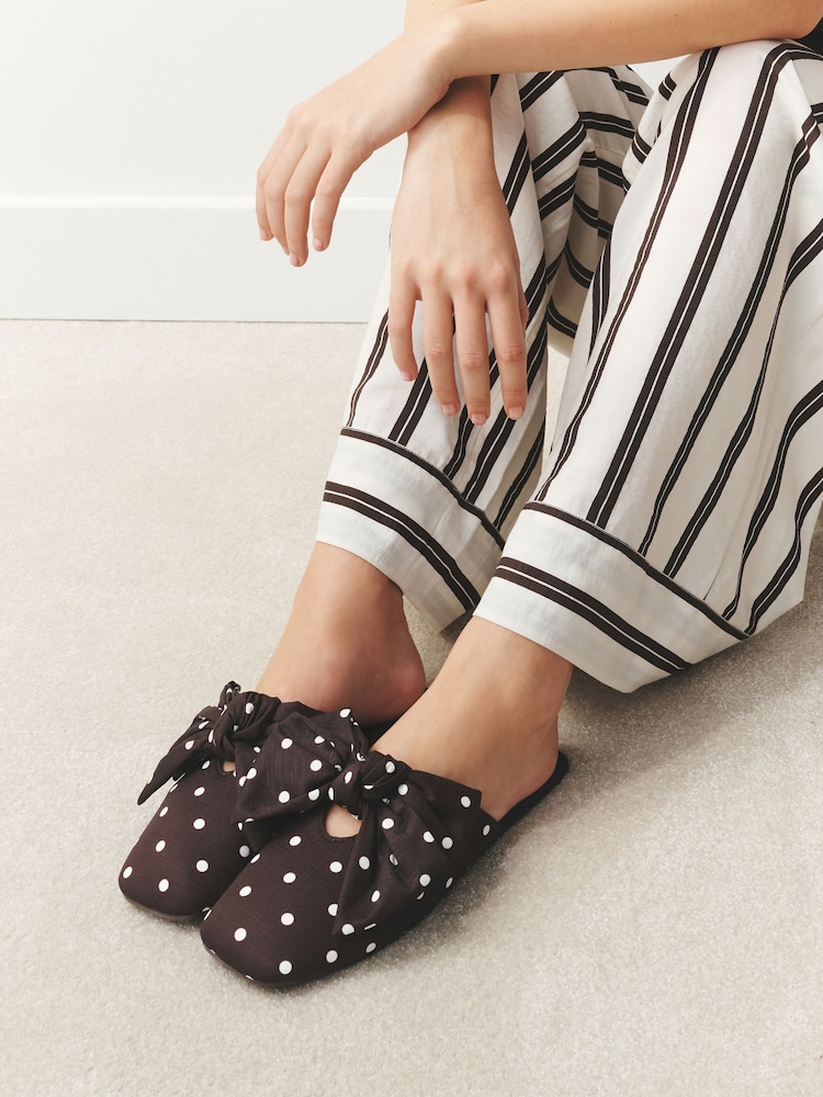 Brown/White Spot Mule Linen Bow Slippers - Image 1 of 8