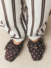 Brown/White Spot Mule Linen Bow Slippers - Image 2 of 8