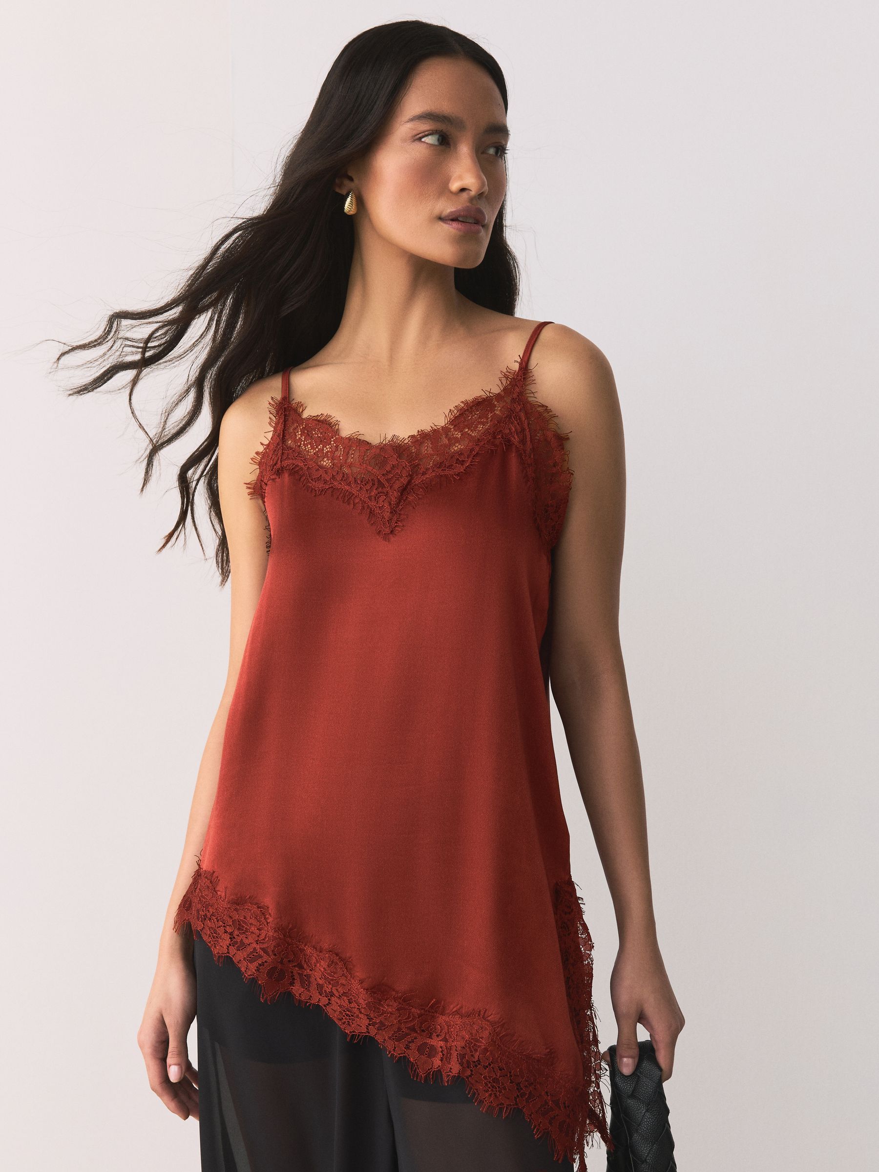 Buy Rust Brown Asymetric Satin Lace Trim Cami Top from the Next UK