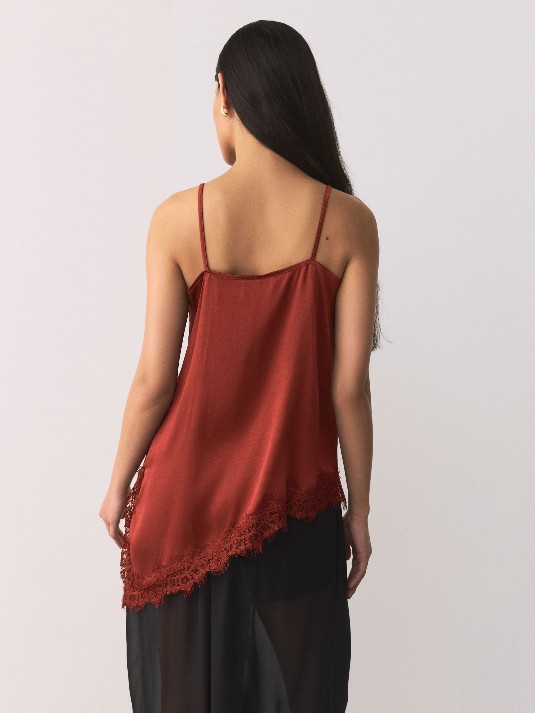 Buy Rust Brown Asymetric Satin Lace Trim Cami Top from Next USA