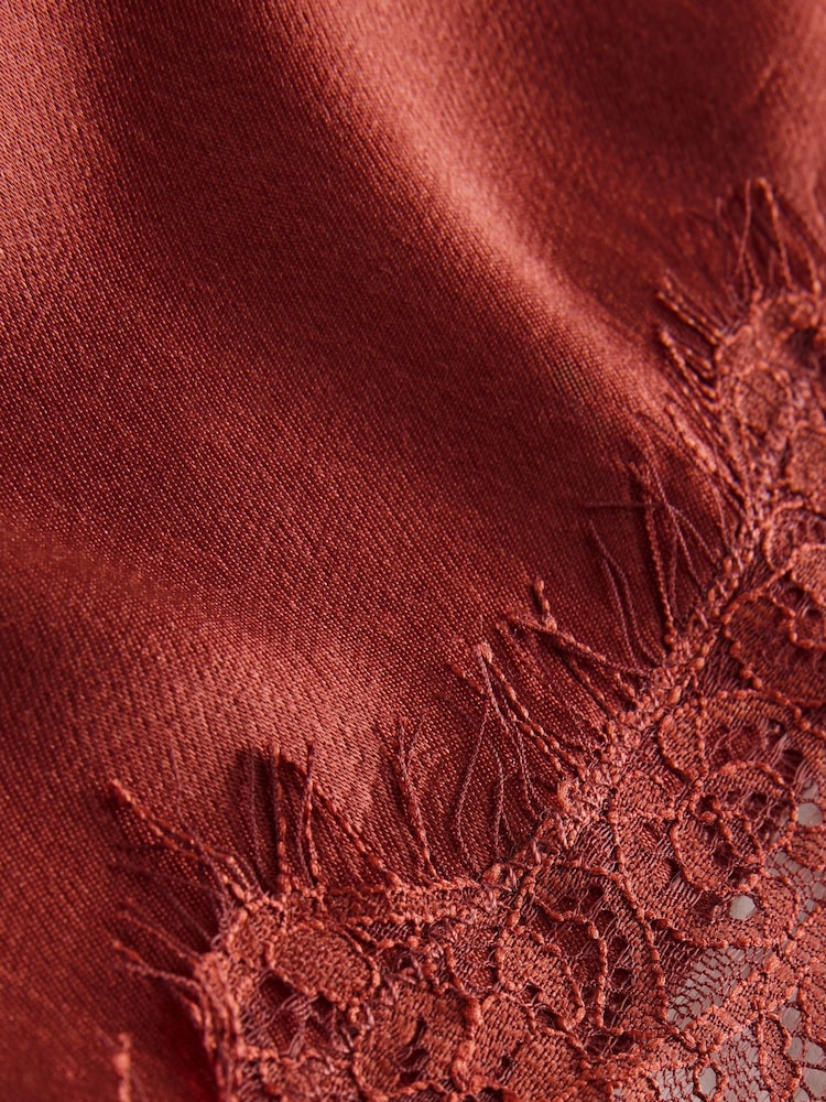 Rust Brown Asymetric Satin Lace Trim Cami Top - Image 6 of 6 Rust Brown Asymetric Satin Lace Trim Cami Top - Image 6 of 6