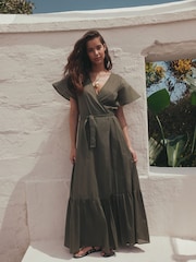 Khaki Green Flutter Sleeve Wrap Maxi Dress - Image 1 of 6