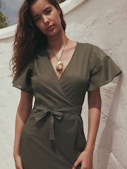 Khaki Green Flutter Sleeve Wrap Maxi Dress - Image 2 of 6