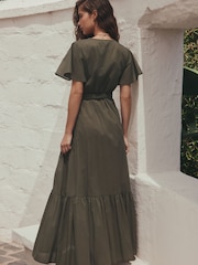 Khaki Green Flutter Sleeve Wrap Maxi Dress - Image 3 of 6