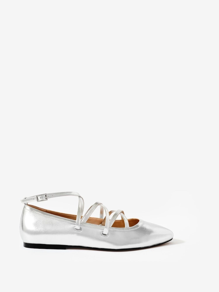 Mint Velvet Silver Leather Lace Up Ballet Pumps - Image 2 of 5