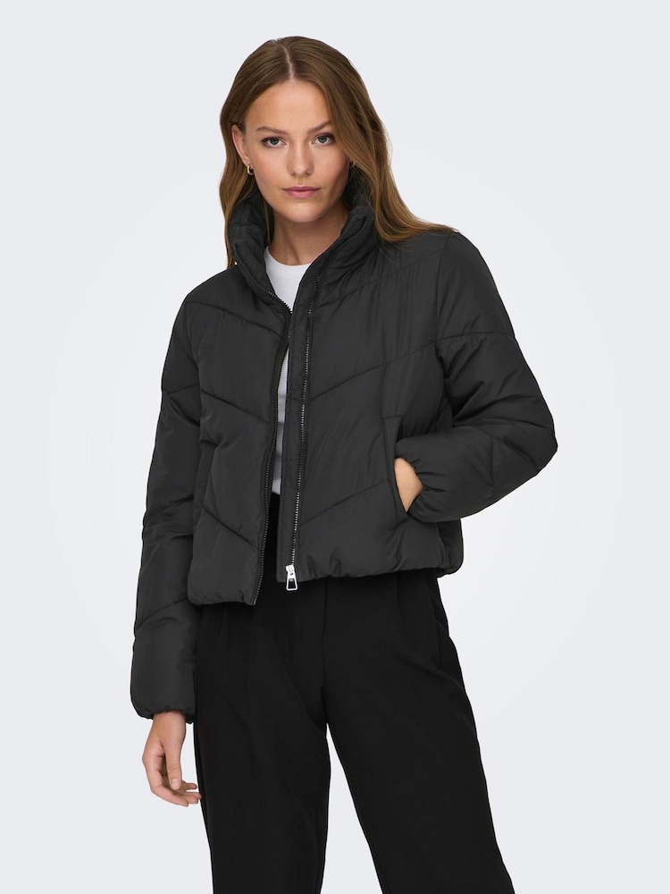 ONLY Black Zip Through Short Puffer Jacket - Image 1 of 6