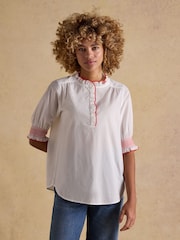Joules Melanie White with Contrast Trim Short Sleeve Ruffle Blouse - Image 1 of 8