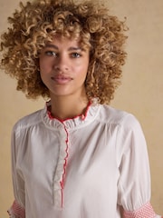 Joules Melanie White with Contrast Trim Short Sleeve Ruffle Blouse - Image 3 of 8