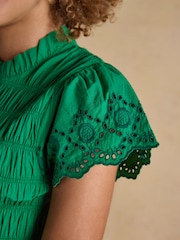 Joules Ettie Green Frill Shirred Top With Broderie Sleeves - Image 4 of 7