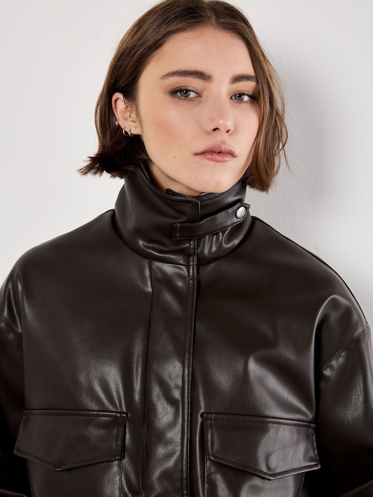 Apricot Brown Faux Leather Bomber Jacket - Image 6 of 6 Apricot Brown Faux Leather Bomber Jacket - Image 6 of 6