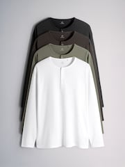 The Set 4 Pack 4 Pack Cotton Long Sleeve Henley TShirt Black/Brown - Image 1 of 6
