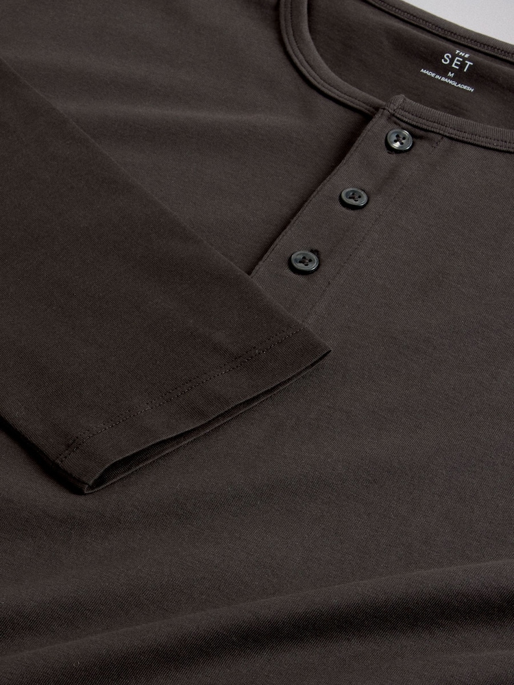 The Set 4 Pack 4 Pack Cotton Long Sleeve Henley TShirt Black/Brown - Image 6 of 6