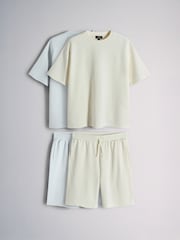 The Set 4 Piece Cotton Blend Interlock TShirt and Shorts Set Blue/Ecru - Image 1 of 7