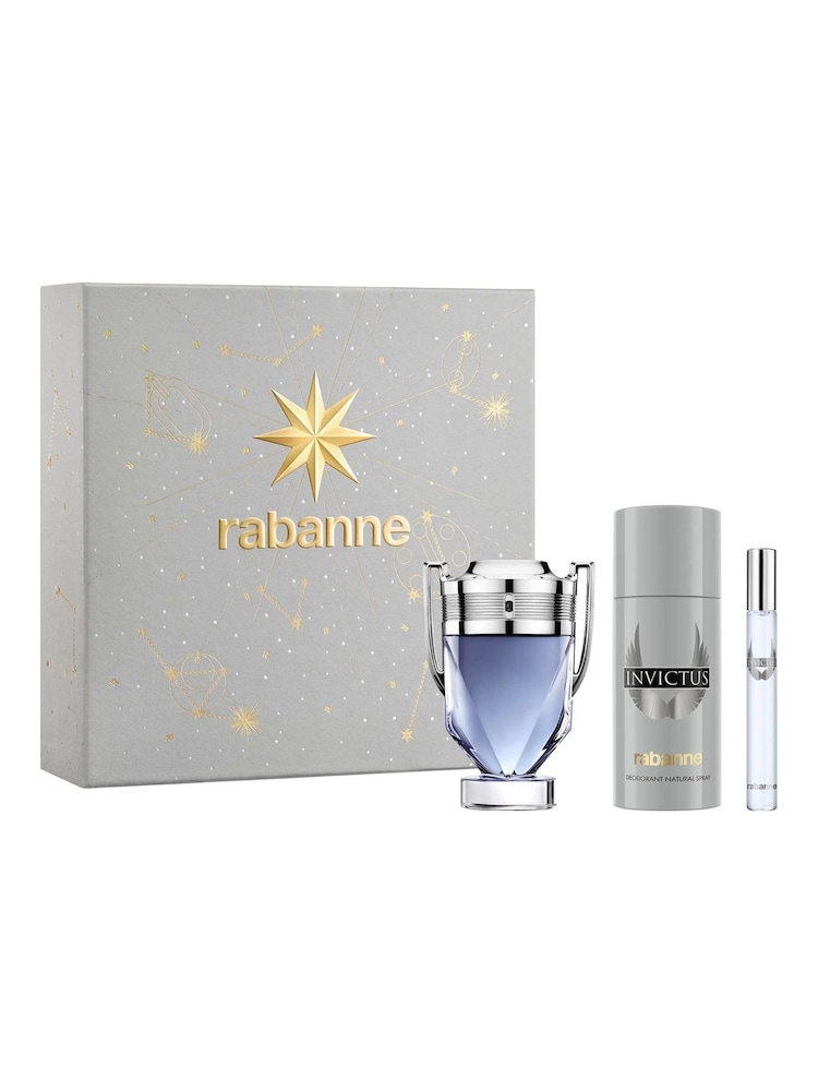 Rabanne Invictus Eau de Toilette 100ml Deodorant 150ml & Eau de Toilette 10ml Gift Set - Image 1 of 4 Rabanne Invictus Eau de Toilette 100ml Deodorant 150ml & Eau de Toilette 10ml Gift Set - Image 1 of 4