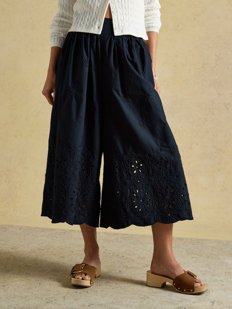 Joules Navy Broderie Cropped Wide Leg Culottes - Image 1 of 9