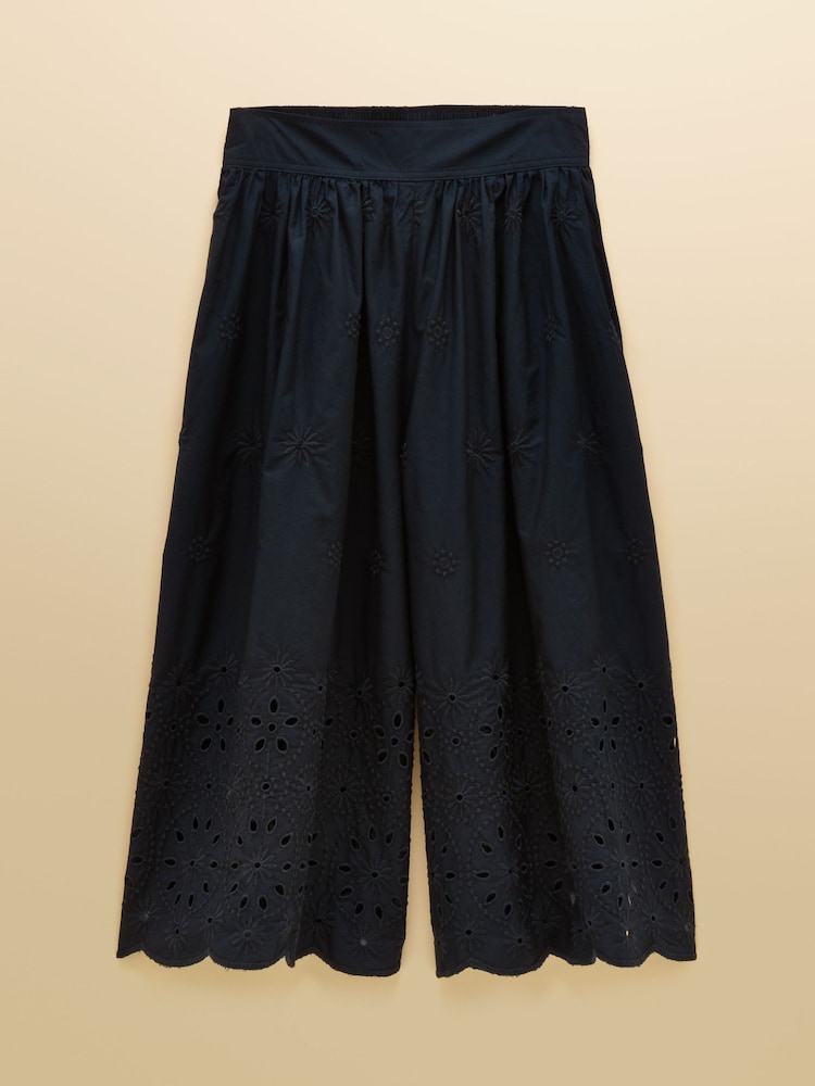 Joules Navy Broderie Cropped Wide Leg Culottes - Image 9 of 9