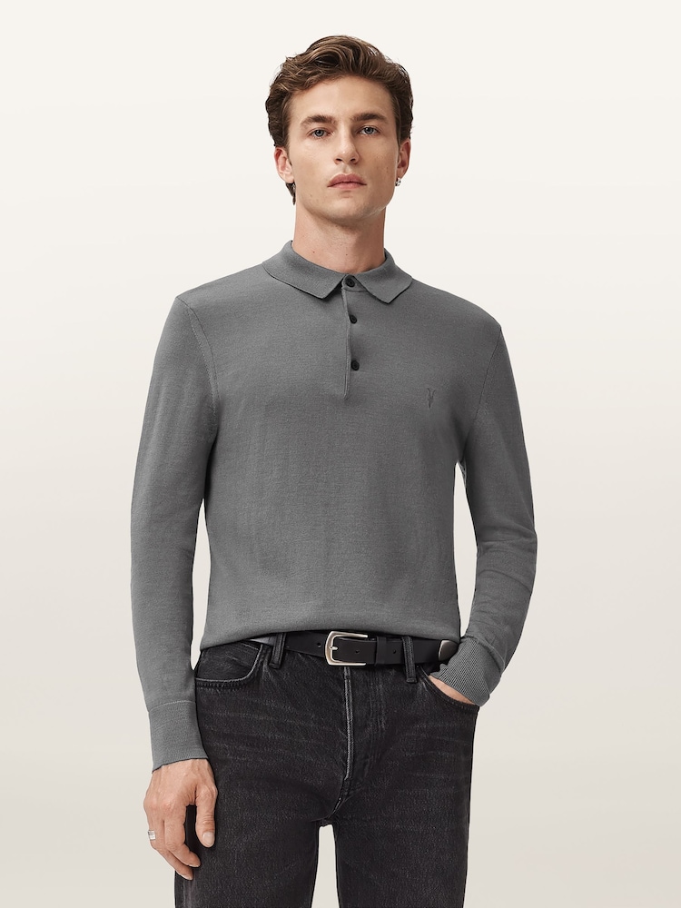 AllSaints Light Grey Mode Merino Wool Long Sleeve Polo Neck Jumper - Image 1 of 8