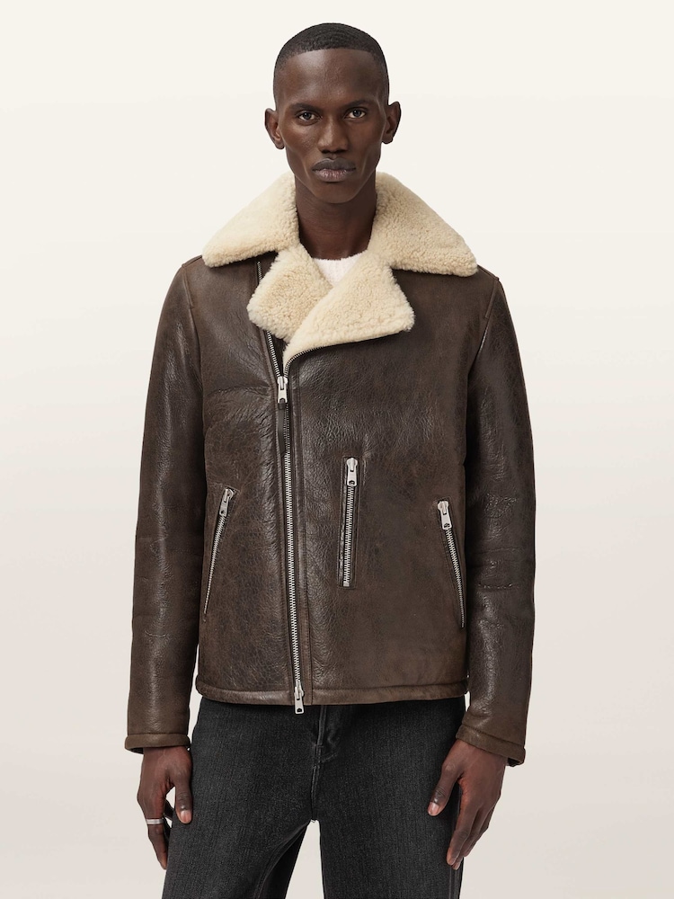 AllSaints Brown Xylon Shrl Biker Jacket - Image 1 of 8