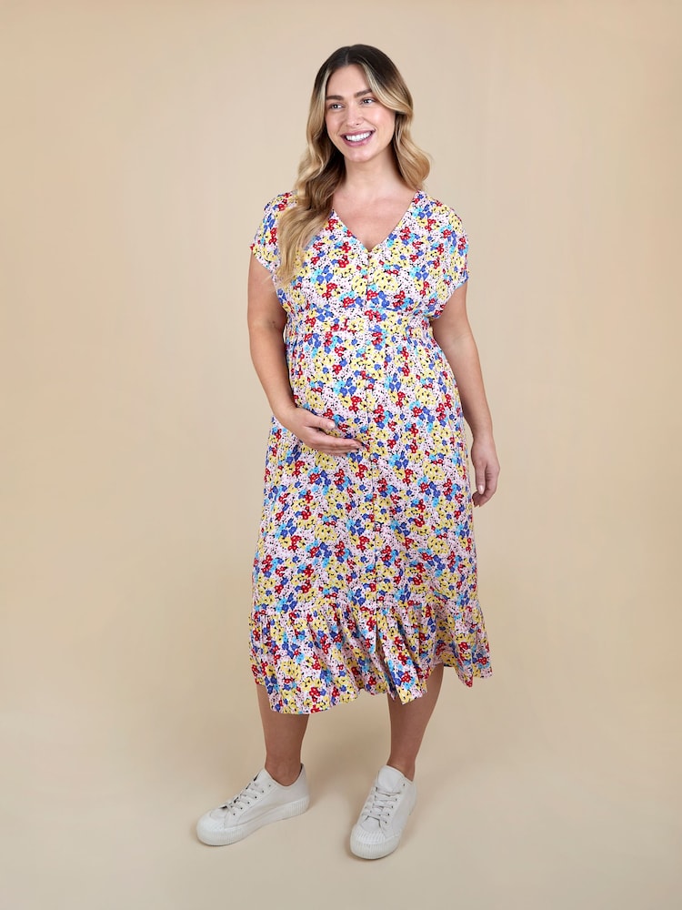 JoJo Maman Bébé Multi Coloured Floral Puff Sleeve Button Through Tie Waist Maternity Tea Dress - Image 1 of 5