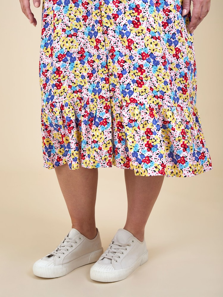 JoJo Maman Bébé Multi Coloured Floral Puff Sleeve Button Through Tie Waist Maternity Tea Dress - Image 5 of 5