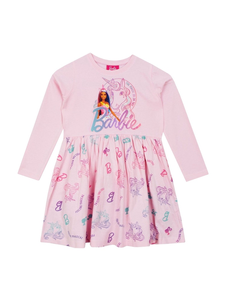 Character Pink Barbie Long Sleeve Unicorn Dress - Image 1 of 9 Character Pink Barbie Long Sleeve Unicorn Dress - Image 1 of 9