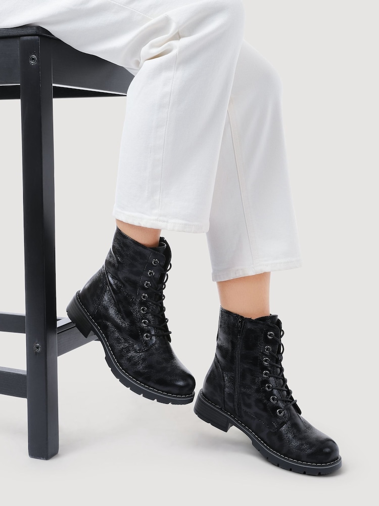 Pavers Black Leopard Ladies Lace-Up Ankle Boots - Image 1 of 5