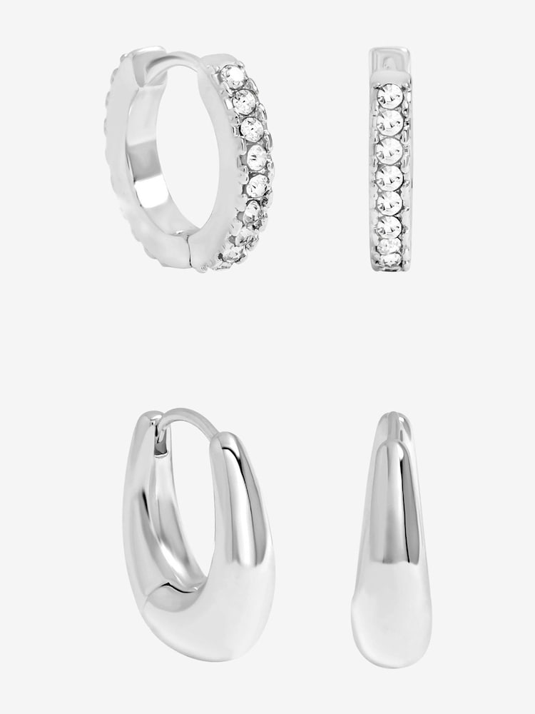Jon Richard Silver Plated Polished and Pave Hoops Pack of 2 - Image 1 of 4 Jon Richard Silver Plated Polished and Pave Hoops Pack of 2 - Image 1 of 4