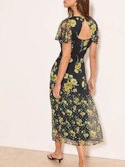 Lipsy Black and Yellow Floral Lace Insert Wrap Short Sleeve Midi Dress - Image 3 of 4
