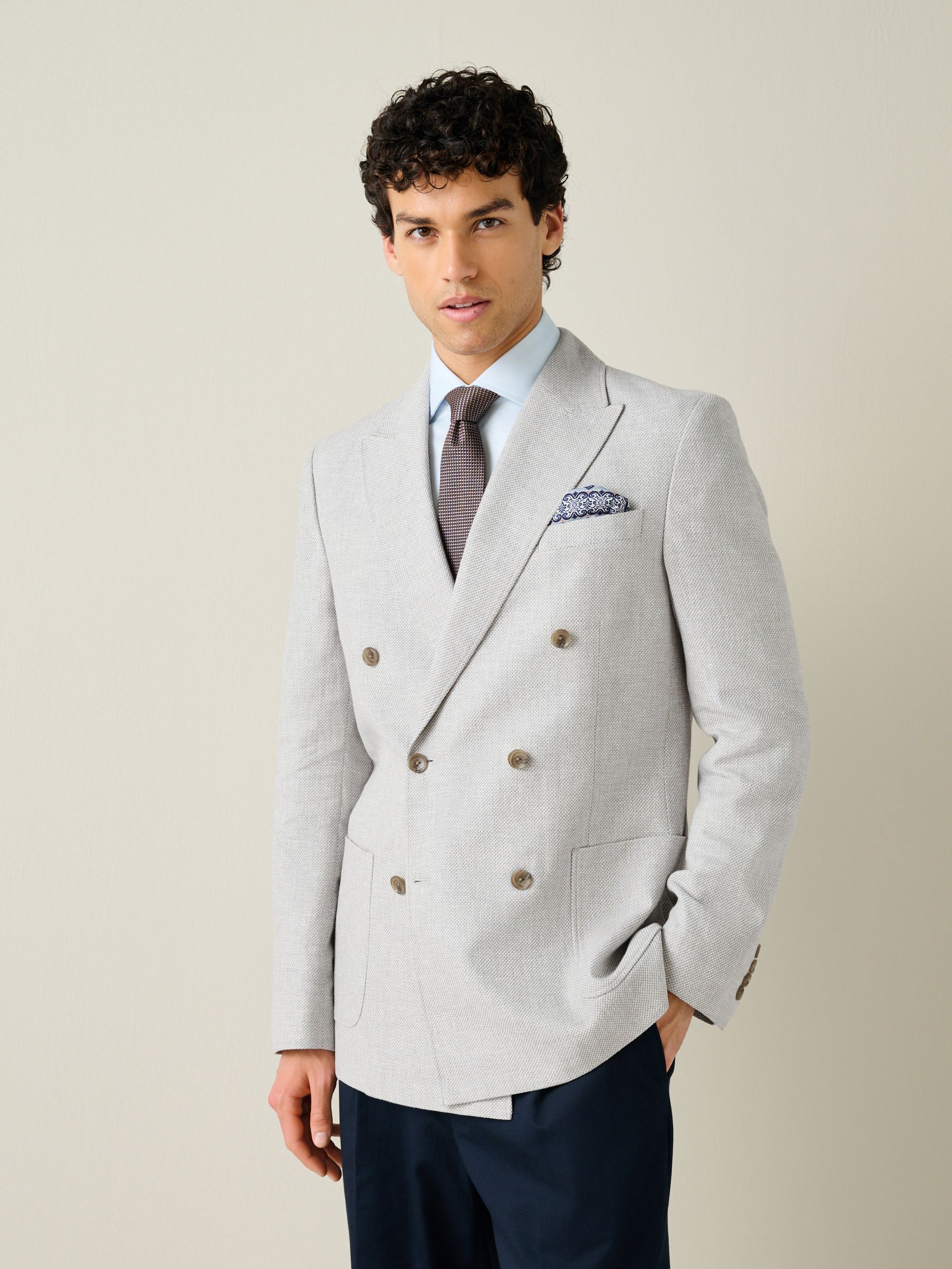 Buy Light Grey Regular Fit Textured Linen Blend Double Breasted